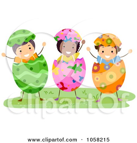 Royalty-Free Vector Clip Art Illustration of Three Easter Kids Wearing Egg Shells by BNP Design Studio