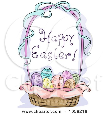 Royalty-Free Vector Clip Art Illustration of a Basket Of Decorated Eggs With A Happy Easter Greeting by BNP Design Studio