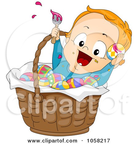 Royalty-Free Vector Clip Art Illustration of an Easter Toddler Boy Painting Eggs In A Basket by BNP Design Studio