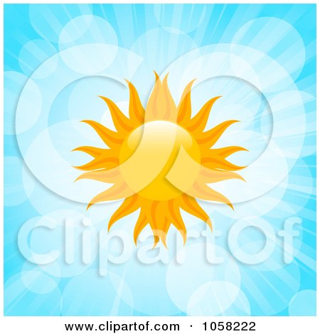 Royalty-Free Vector Clip Art Illustration of An Orange Fiery Sun In A Blue Sky With Flares by elaineitalia