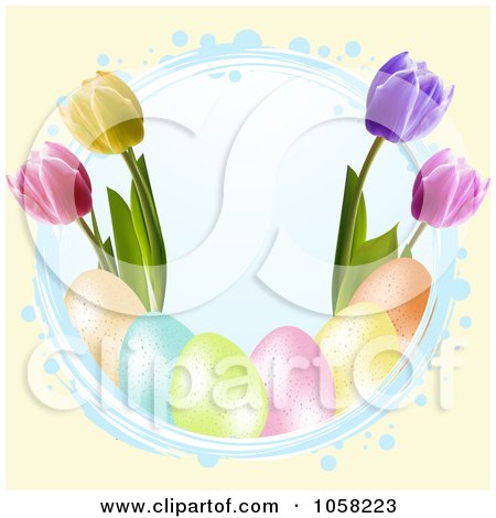 Royalty-Free Vector Clip Art Illustration of a Circle Grunge Frame With Easter Eggs And Tulips by elaineitalia
