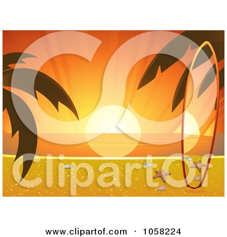 Royalty-Free Vector Clip Art Illustration of a Matching Surf Board On A Tropical Beach At Sunset by elaineitalia
