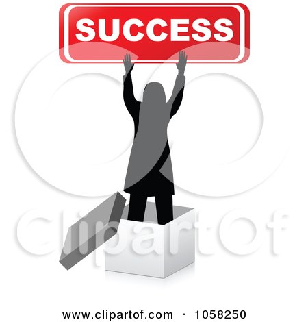 Royalty-Free Vector Clip Art Illustration of a Silhouetted Woman Holding A Success Sign In A 3d Box by Andrei Marincas