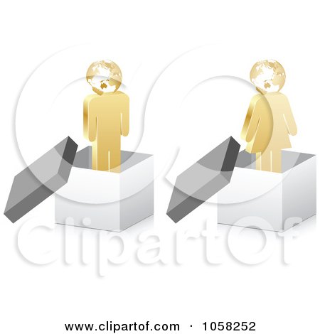 Royalty-Free Vector Clip Art Illustration of a Digital Collage Of 3d Golden People With Globe Heads In Boxes by Andrei Marincas