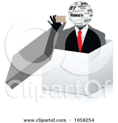 Royalty-Free Vector Clip Art Illustration of a 3d Money Businessman Holding A Card In A Box by Andrei Marincas