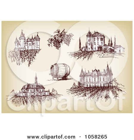 Royalty-Free Vector Clip Art Illustration of a Digital Collage Of Brown Sketches Of Winery Chateaus by Eugene