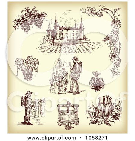 Royalty-Free Vector Clip Art Illustration of a Digital Collage Of Brown Sketches Of Vitners And Wineries by Eugene