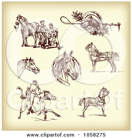 Royalty-Free Vector Clip Art Illustration of a Digital Collage Of Brown Sketches Of Jockeys And Horses - 2 by Eugene