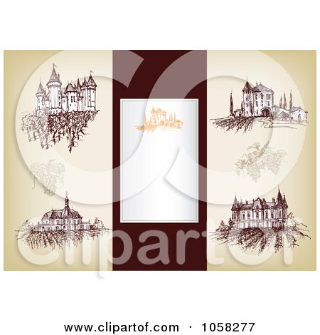 Royalty-Free Vector Clip Art Illustration of a Digital Collage Of Brown Sketches Of Wineries And A Blank Label by Eugene