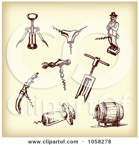 Royalty-Free Vector Clip Art Illustration of a Digital Collage Of Brown Sketches Of Cork Screws - 2 by Eugene