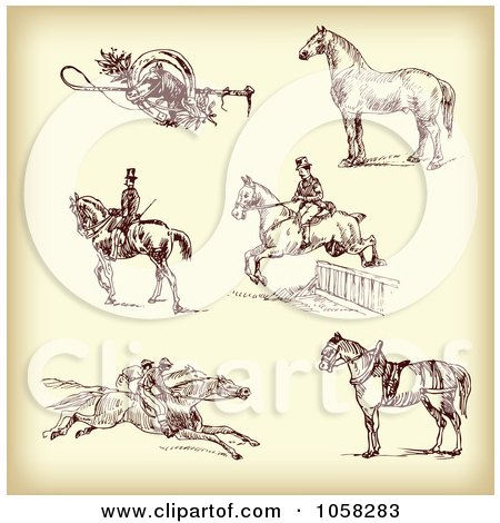 Royalty-Free Vector Clip Art Illustration of a Digital Collage Of Brown Sketches Of Jockeys And Horses - 1 by Eugene