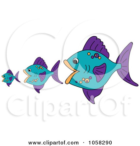 Royalty-Free Vector Clip Art Illustration of Three Purple And Blue Fish, The Bigger Ones Eating The Smaller Ones by Pams Clipart
