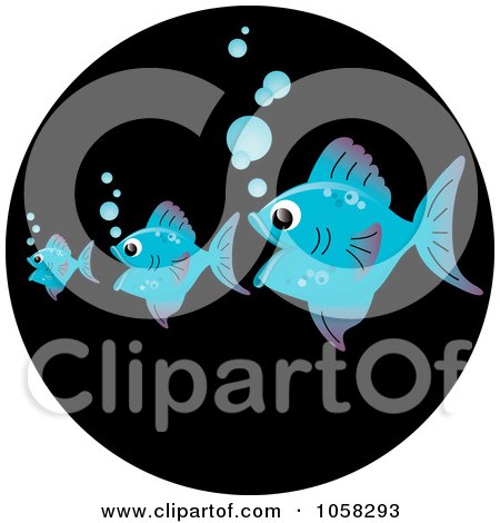Royalty-Free Vector Clip Art Illustration of Three Blue Fish, The Bigger Ones Eating The Smaller Ones On A Black Circle by Pams Clipart