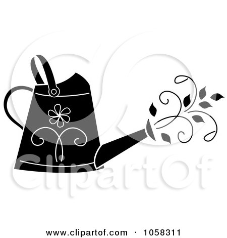 Royalty-Free Vector Clip Art Illustration of a Black And White Floral Watering Can With Vines by Pams Clipart