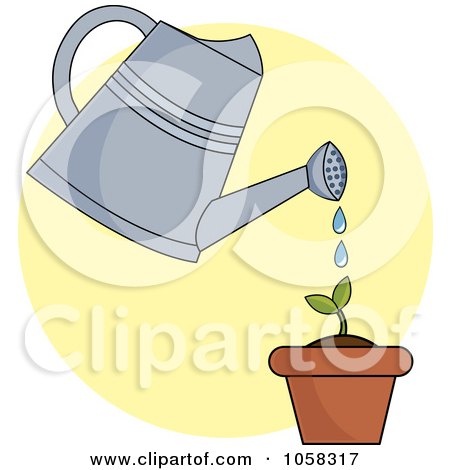 Royalty-Free Vector Clip Art Illustration of a Watering Can Over A Seedling Plant On A Yellow Circle by Pams Clipart
