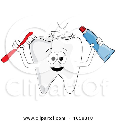 Royalty-Free Vector Clip Art Illustration of a Sparkling Tooth Character Holding Paste And A Brush by Pams Clipart