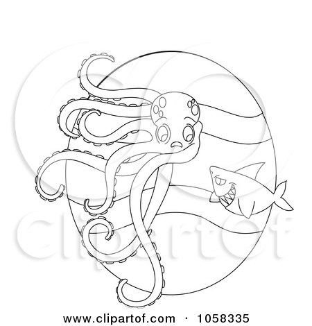 Royalty-Free Vector Clip Art Illustration of a Coloring Page Outline Of A Shark Approaching An Octopus by Pams Clipart