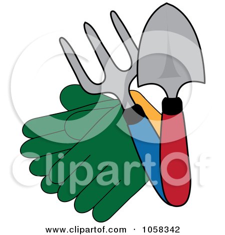Royalty-Free Vector Clip Art Illustration of a Pair Of Gardening Gloves With Tools by Pams Clipart