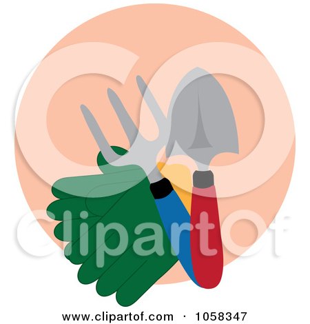Royalty-Free Vector Clip Art Illustration of a Pair Of Gardening Gloves With Tools Over A Pink Circle by Pams Clipart