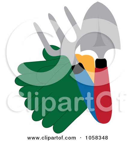Royalty-Free Vector Clip Art Illustration of a Pair Of Garden Gloves With Tools by Pams Clipart