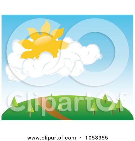 Royalty-Free Vector Clip Art Illustration of a Sun In Puffy Clouds Over A Trail On A Hill by Pams Clipart