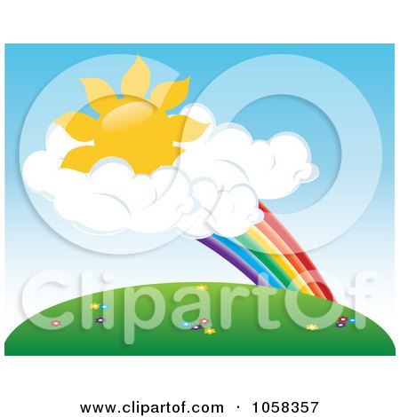 Royalty-Free Vector Clip Art Illustration of a Sun In Clouds At The End Of A Rainbow Above A Meadow by Pams Clipart