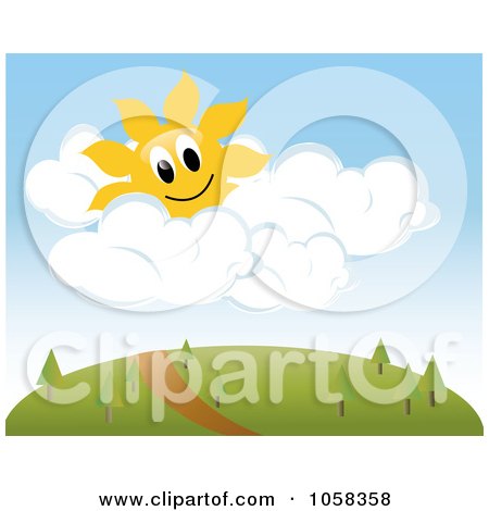 Royalty-Free Vector Clip Art Illustration of a Sun Character In Puffy Clouds Over A Trail On A Hill by Pams Clipart