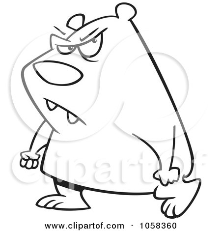 Royalty-Free Vector Clip Art Illustration of a Cartoon Black And White Outline Design Of A Surly Bear Walking With Clenched Fists by toonaday