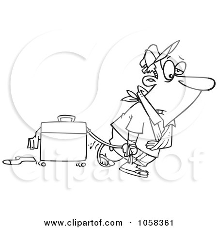 Royalty-Free Vector Clip Art Illustration of a Cartoon Black And White Outline Design Of An Exhausted Man After Vacation by toonaday