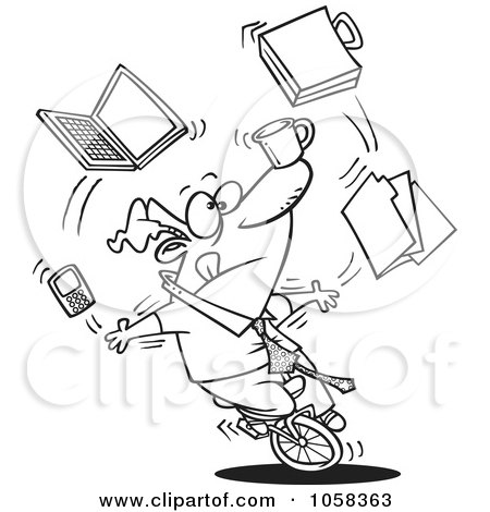 Royalty-Free Vector Clip Art Illustration of a Cartoon Black And White Outline Design Of A Businessman Juggling Tasks On A Unicycle by toonaday