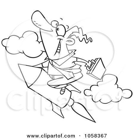 Royalty-Free Vector Clip Art Illustration of a Cartoon Black And White Outline Design Of A Businessman Launching On A Rocket by toonaday