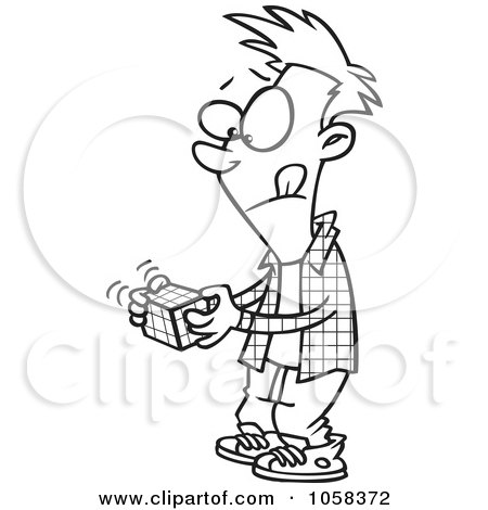 Royalty-Free Vector Clip Art Illustration of a Cartoon Black And White Outline Design Of A Boy Working On A Rubiks Cube by toonaday