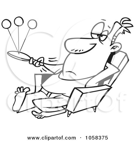 Royalty-Free Vector Clip Art Illustration of a Cartoon Black And White Outline Design Of A Lazy Man Playing Paddle Ball by toonaday
