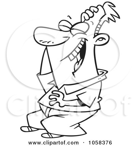 Royalty-Free Vector Clip Art Illustration of a Cartoon Black And White Outline Design Of A Man Laughing Hysterically by toonaday