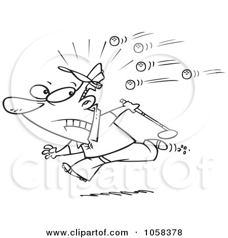 Royalty-Free Vector Clip Art Illustration of a Cartoon Black And White Outline Design Of A Golfer Running Away From Balls by toonaday
