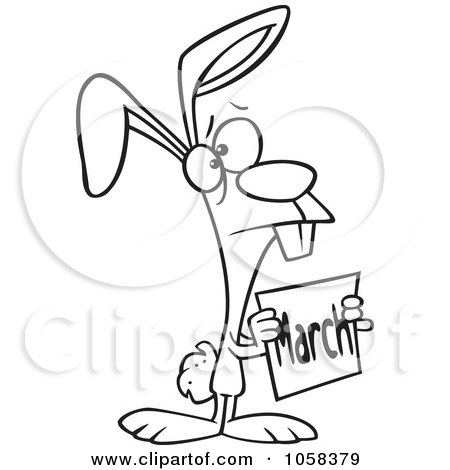 Royalty-Free Vector Clip Art Illustration of a Cartoon Black And White Outline Design Of A Sad Bunny Holding A March Sign by toonaday