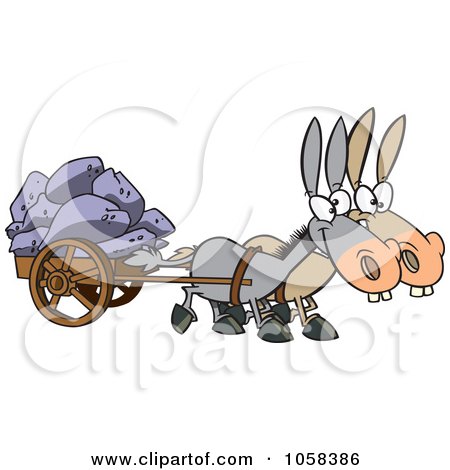 Royalty-Free Vector Clip Art Illustration of a Cartoon Of Two Mules Pulling A Wagon Full Of Rocks by toonaday