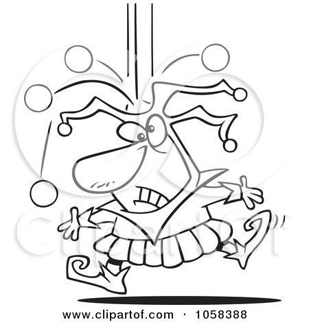 Royalty-Free Vector Clip Art Illustration of a Cartoon Black And White Outline Design Of A Joker Dropping Juggle Balls by toonaday