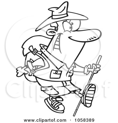Royalty-Free Vector Clip Art Illustration of a Cartoon Black And White Outline Design Of A Trekking Male Aussie by toonaday