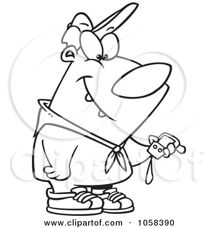 Royalty-Free Vector Clip Art Illustration of a Cartoon Black And White Outline Design Of A Hiking Bear Using A GPS Tool by toonaday