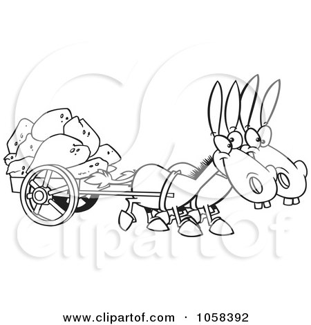Royalty-Free Vector Clip Art Illustration of a Cartoon Black And White Outline Design Of Two Mules Pulling A Wagon Full Of Rocks by toonaday