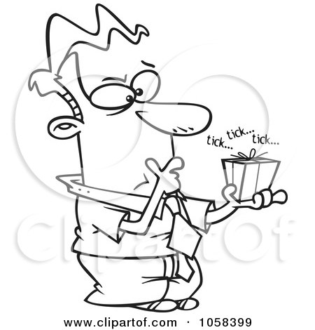 Royalty-Free Vector Clip Art Illustration of a Cartoon Black And White Outline Design Of An Indecisive Man Holding A Ticking Box by toonaday