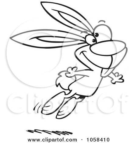 Royalty-Free Vector Clip Art Illustration of a Cartoon Black And White Outline Design Of A Jumping Easter Bunny - 2 by toonaday