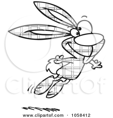 Royalty-Free Vector Clip Art Illustration of a Cartoon Black And White Outline Design Of A Jumping Plaid Easter Bunny - 2 by toonaday