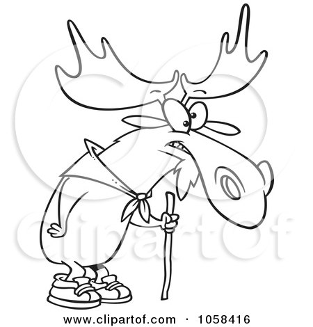Royalty-Free Vector Clip Art Illustration of a Cartoon Black And White Outline Design Of A Hiking Moose Using A Walking Stick by toonaday