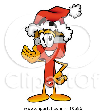 Clipart Picture of a Paint Brush Mascot Cartoon Character Wearing a Santa Hat and Waving by Mascot Junction