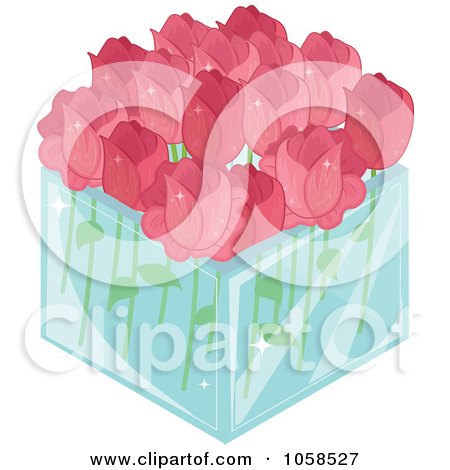 Royalty-Free Vector Clip Art Illustration of a 3d Glass Square Vase Of Pink Roses by Melisende Vector