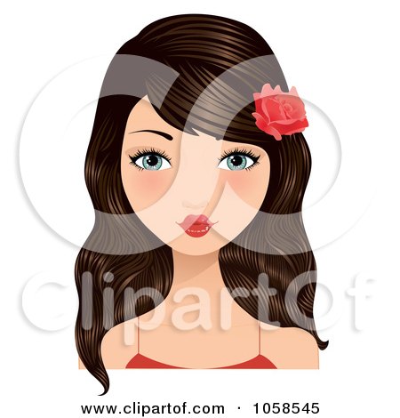 Royalty-Free Vector Clip Art Illustration of a Brunette Woman With Puckered Lips And A Rose In Her Hair by Melisende Vector