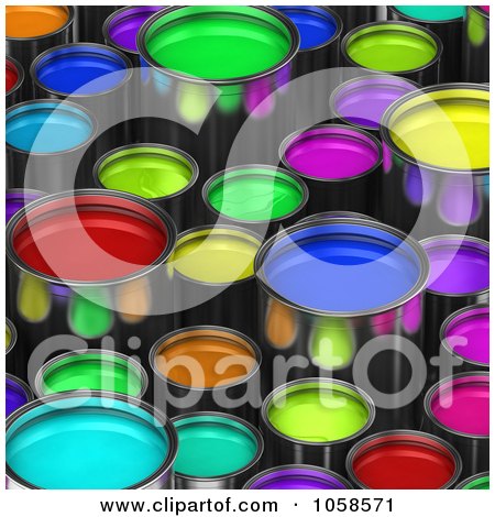 Royalty-Free CGI Clip Art Illustration of a Background Of 3d Paint Buckets, Some Taller Than Others by stockillustrations