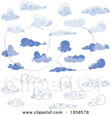 Royalty-Free Vector Clip Art Illustration of a Digital Collage Of Swirly Blue Cloud Designs by yayayoyo